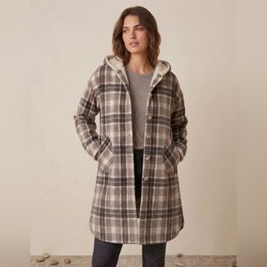 Eclipse Canadian Plaid Hooded Long Shacket Coat Brown Boho Coastal L Cabincore